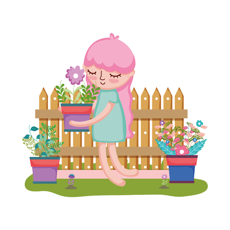 girl lifting houseplant with fence in the garden vector illustration designのイラスト素材