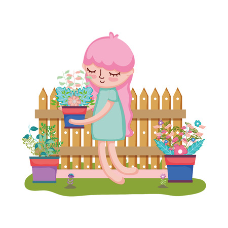 girl lifting houseplant with fence in the garden vector illustration designのイラスト素材