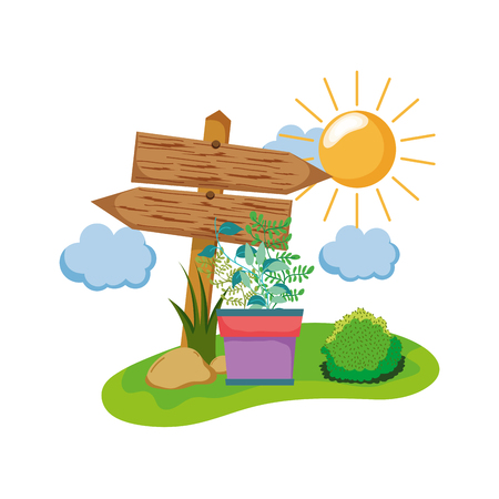wooden arrow with houseplant in the field vector illustration designのイラスト素材