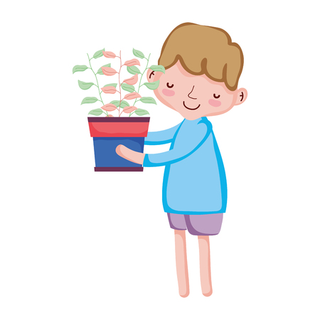 little boy lifting houseplant vector illustration designのイラスト素材