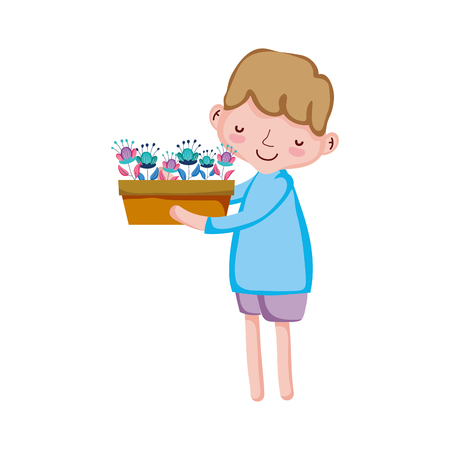 little boy lifting houseplant vector illustration designのイラスト素材