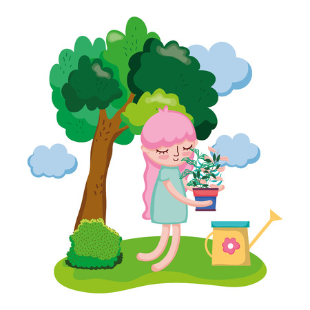 girl lifting houseplant with sprinkler in the camp vector illustration designのイラスト素材