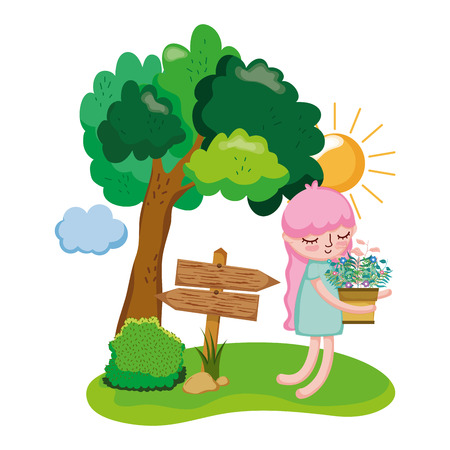 little girl lifting houseplant with wooden arrows and tree vector designのイラスト素材