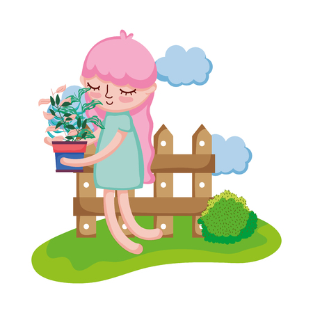 girl lifting houseplant with fence in the camp vector illustration designのイラスト素材