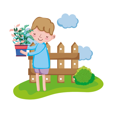 boy lifting houseplant with fence in the landscape vector illustrationのイラスト素材