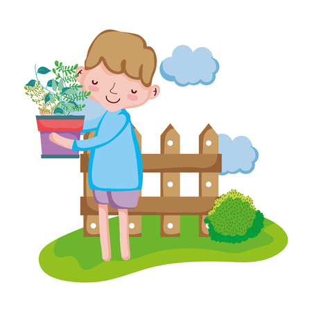 boy lifting houseplant with fence in the landscape vector illustrationのイラスト素材