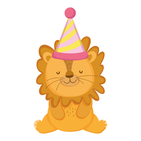 cute and little lion with party hat vector illustration designのイラスト素材
