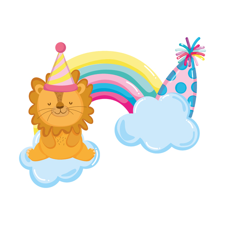 cute and little lion with party hat and rainbow vector illustration designのイラスト素材