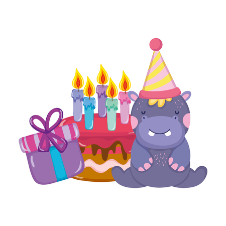 cute and little hippo with party hat and cake vector illustration designのイラスト素材