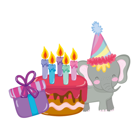 cute and little elephant with party hat and cake vector illustration designのイラスト素材