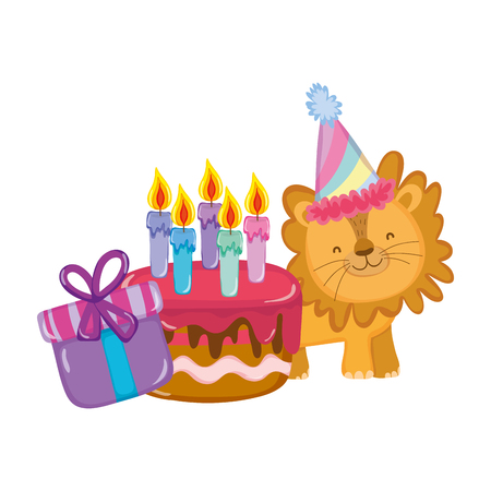 cute and little lion with party hat and cake vector illustration designのイラスト素材