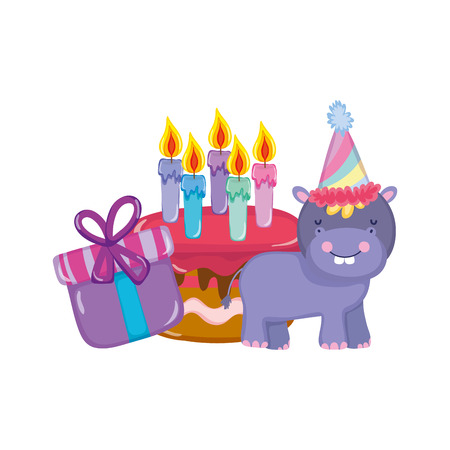 cute and little hippo with party hat and cake vector illustration designのイラスト素材