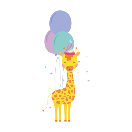 cute and little giraffe with party hat and balloons airの写真素材