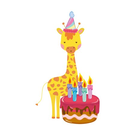 cute and little giraffe with party hat and sweet cake vector illustration designのイラスト素材