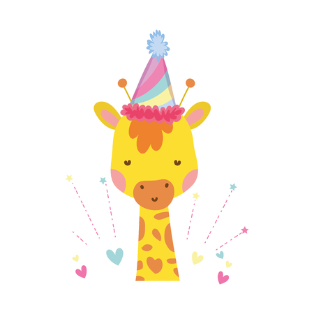 cute and little giraffe with party hat character vector illustration designのイラスト素材