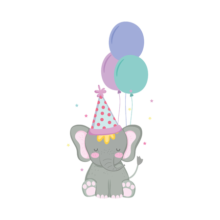 cute and little elephant with party hat and balloons air vector illustrationのイラスト素材