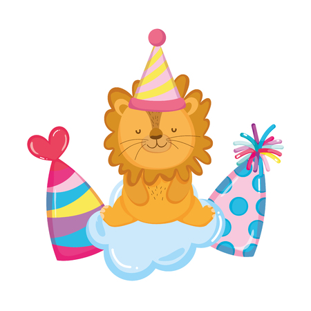 cute and little lion with party hat vector illustration designのイラスト素材