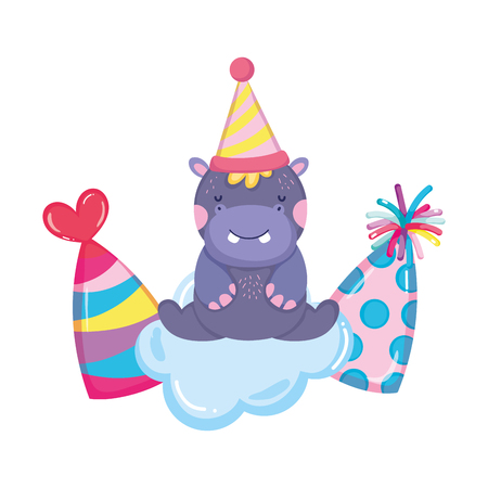 cute and little hippo character with party hat vector illustration designのイラスト素材