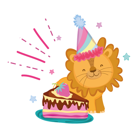 cute and little lion with party hat vector illustration designのイラスト素材