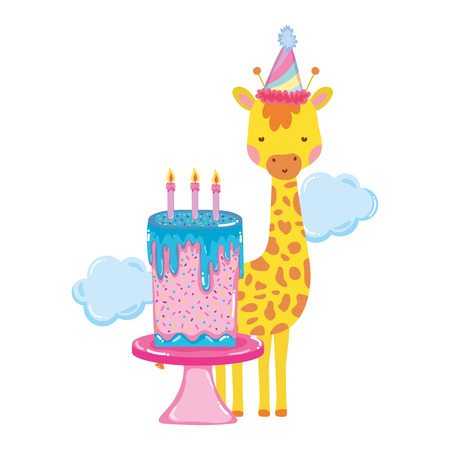 cute and little giraffe with party hat character vector illustration designのイラスト素材