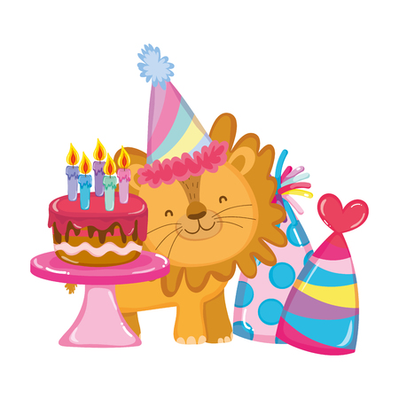 cute and little lion with party hat vector illustration designのイラスト素材