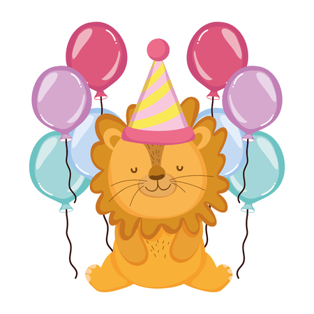 cute and little lion with party hat vector illustration designのイラスト素材