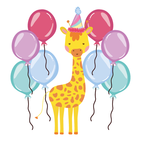 cute and little giraffe with party hat character vector illustration designのイラスト素材
