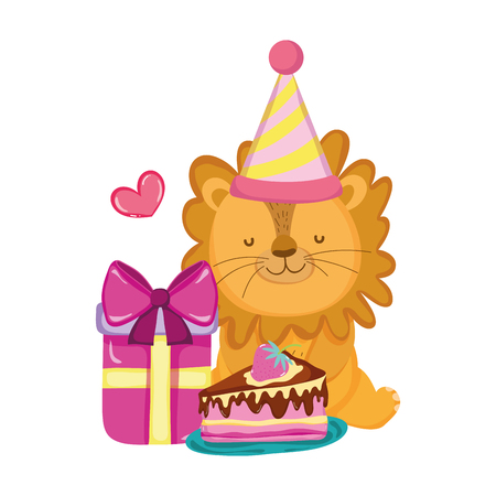 cute and little lion with party hat vector illustration designのイラスト素材