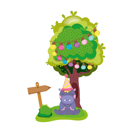 cute and little hippo character with party hat vector illustration designのイラスト素材