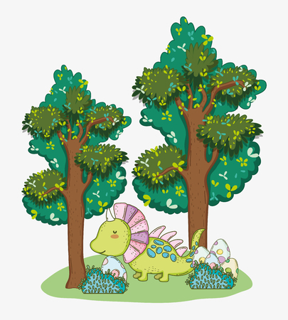 styracosaurus with dino eggs in the bushes and trees vector illustrationのイラスト素材