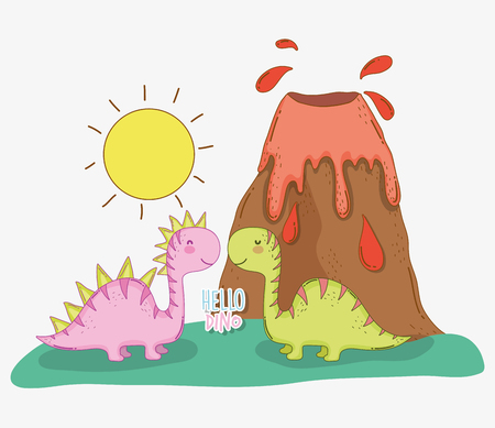 cute saltasaurus dino couple with volcano and sunのイラスト素材