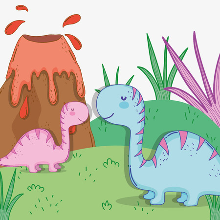cute diplodocus couple wildlife with volcanoのイラスト素材