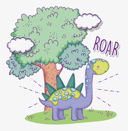 cute stegosaurus animal with tree and clouds vector illustrationのイラスト素材
