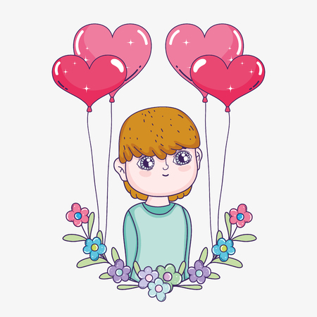 boy with hearts balloons and flowers with branches leaves vector illustrationのイラスト素材