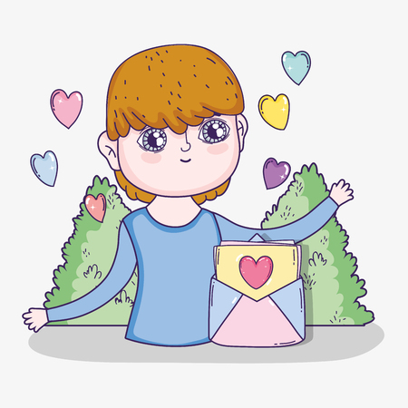 boy with love card and hearts with bushes vector illustrationのイラスト素材