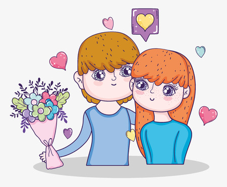 boy and girl with bouquet flowers and hearts vector illustrationのイラスト素材