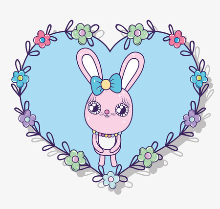 rabbit inside heart shape with flowers and leaves decoration vector illustrationのイラスト素材