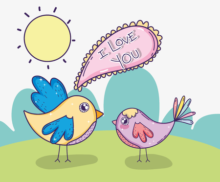 bird couple with sun and love messagevector illustrationのイラスト素材