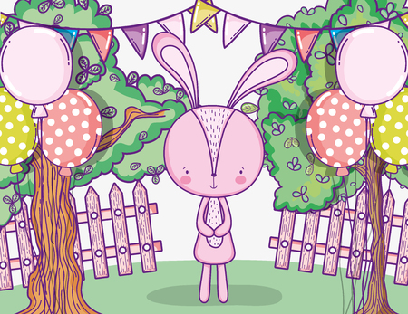 happy rabbit birthday with balloons and party bannerのイラスト素材