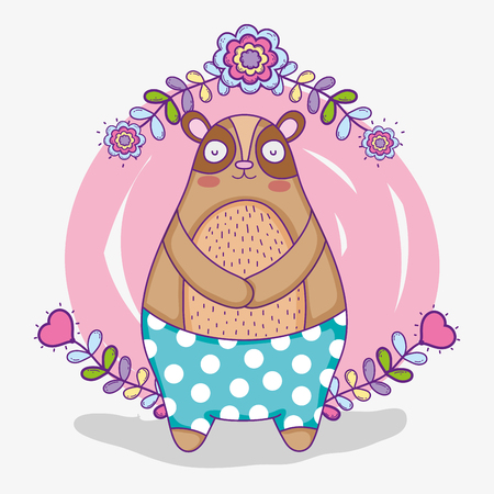 cute bear wild animal with flowers and branches leaves vector illustrationのイラスト素材