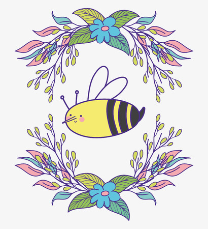 spring flowers with plants leaves and bee vector illustrationのイラスト素材