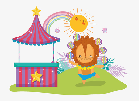 store and lion juggle with sun and rainbow vector illustrationのイラスト素材
