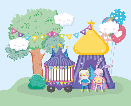 circus car and big top with rabbit and panda heroes costume vector illustrationのイラスト素材