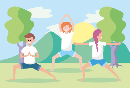 man and women training yoga exercise pose vector illustrationのイラスト素材