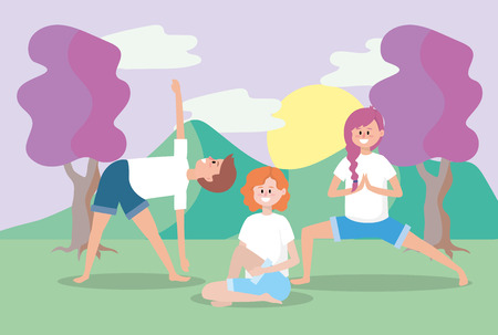 man and women training yoga balance vector illustrationのイラスト素材