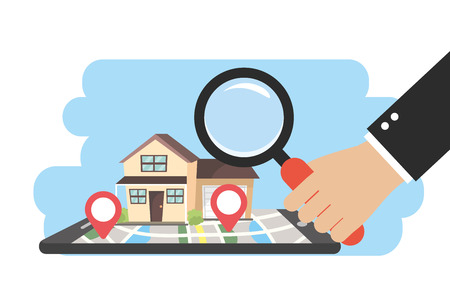smartphone with houses for sale with location and businessman vector illustrationのイラスト素材