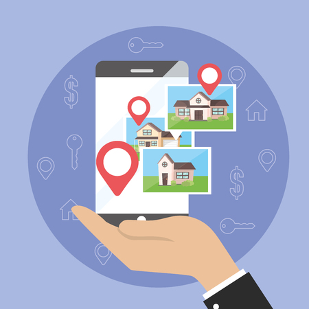 businessman with smartphone map location and houses property vector illustrationのイラスト素材