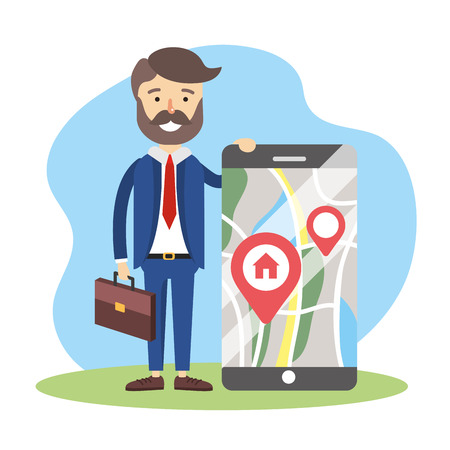 businessman with smartphone map location to house sale vector illustrationのイラスト素材