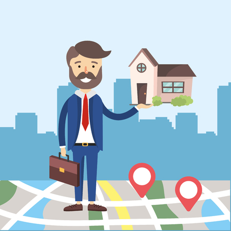 businessman with real state house with map location vector illustrationのイラスト素材
