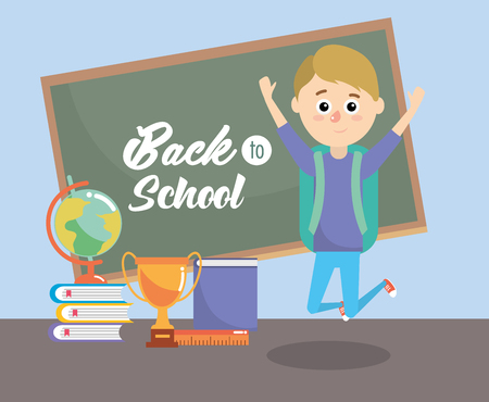 boy in the classroom with books and global map vector illustrationのイラスト素材